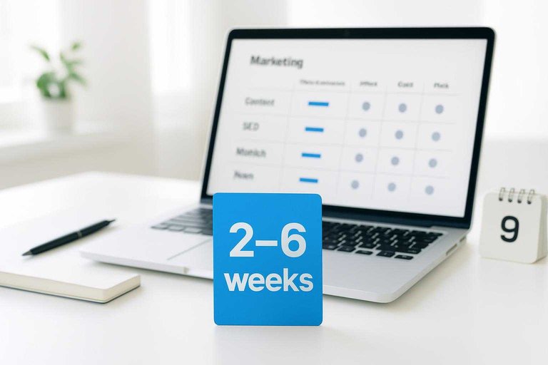 Marketing workspace with SEO model comparison table on a laptop and a blue card reading "2–6 weeks"