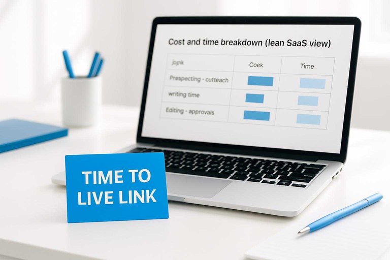 Laptop showing cost/time comparison table with a #3a85ff sticky note reading “Time to live link”