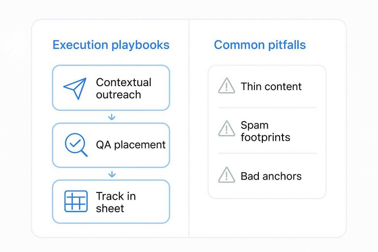 Two-column visual: Contextual outreach → QA placement → Track in sheet, alongside Common pitfalls list.