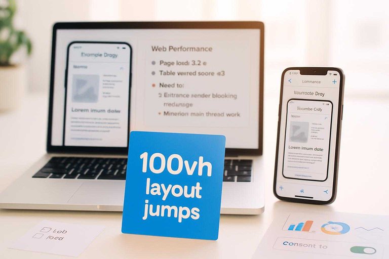 Mobile QA desk scene with iPhone and laptop; blue sticky note reads "100vh layout jumps" for iOS viewport issues.