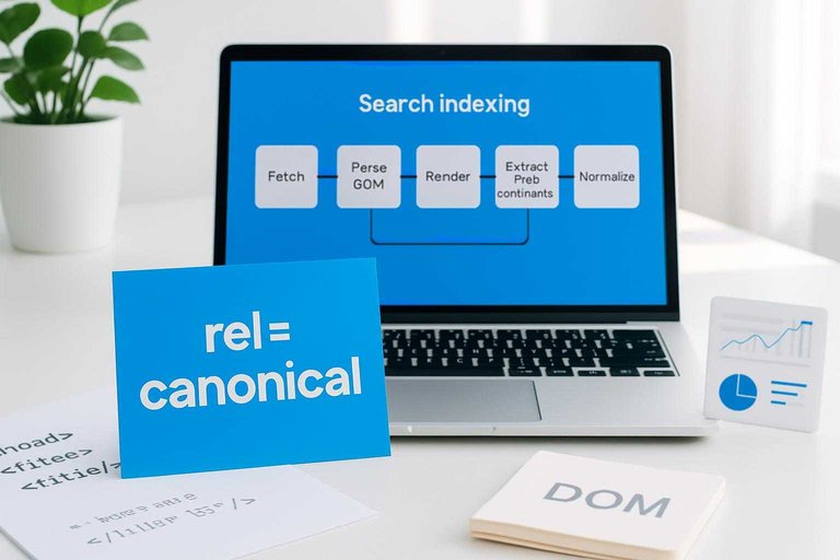 Laptop showing indexing pipeline diagram with a blue card reading "rel=canonical" to explain canonical selection signals.