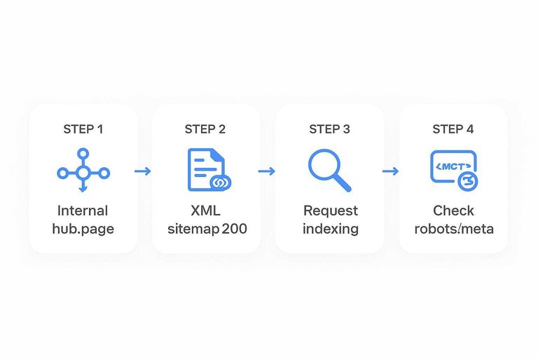 Four-step flow: Internal hub page, XML sitemap 200, Request indexing, Check robots/meta connected by arrows