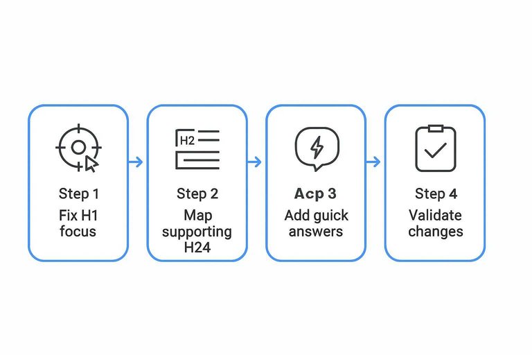 Four-step flow: Fix H1 focus, Map supporting H2s, Add quick answers, Validate changes with arrows