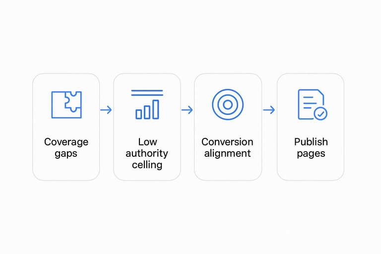 Four-step flow: Coverage gaps → Low authority ceiling → Conversion alignment → Publish pages