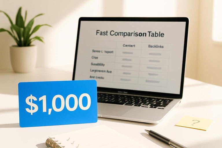 Desk scene with content vs backlinks comparison on laptop and a blue card reading "$1,000" for budget choice