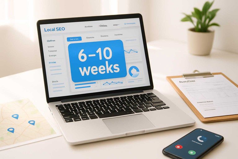 Local SEO workspace with map and call dashboard, featuring a blue card overlay reading “6–10 weeks”