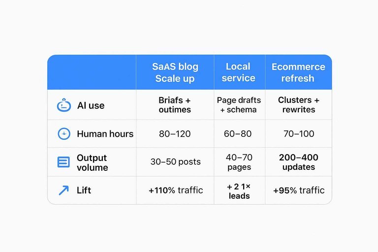 Three-case comparison table across AI use, Human hours, Output volume, and Lift for SaaS, local, and ecommerce.