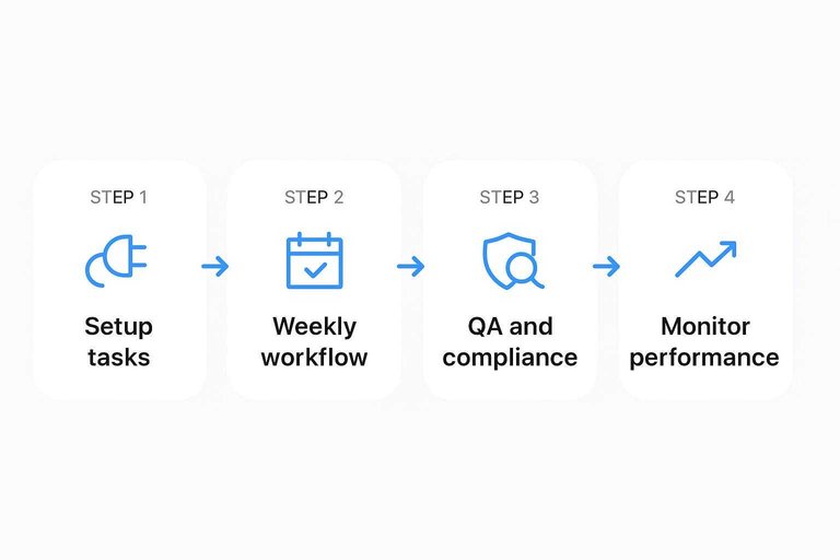 Four-step flow: Setup tasks, Weekly workflow, QA and compliance, Monitor performance connected by arrows
