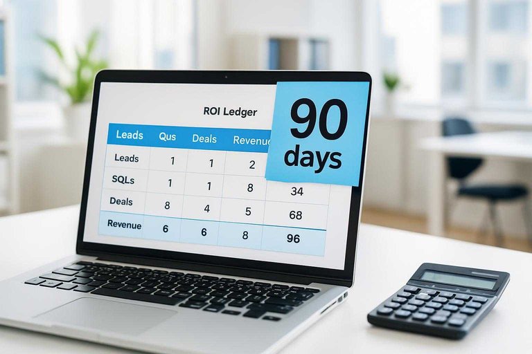 Desk workspace with ROI ledger spreadsheet and a blue sticky note reading "90 days" to frame measurable outcomes