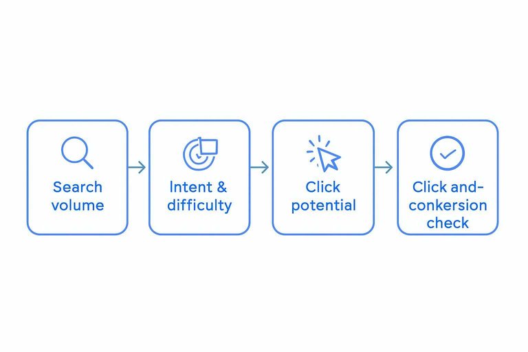 Four-step flow: Search volume → Intent & difficulty → Click potential → Click-and-conversion check