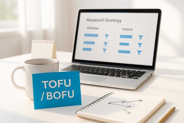Desk workspace with strategy dashboard and a blue card reading 'TOFU / BOFU' to highlight volume vs intent keywords