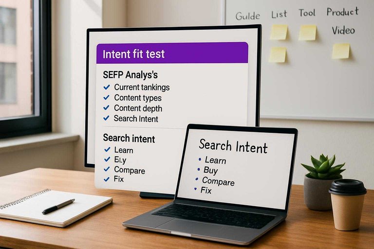 Monitor shows SERP checklist with purple header text 'Intent fit test' in a clean SEO keyword evaluation workspace
