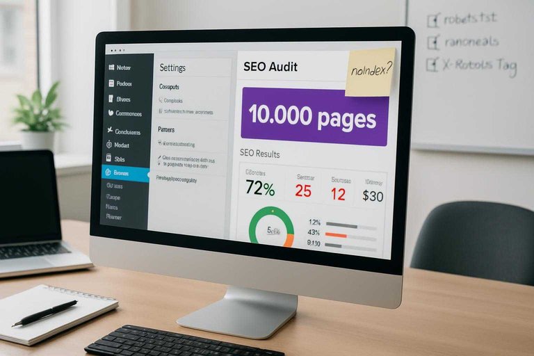 Monitor shows CMS SEO audit with #ad00cc warning banner reading “10,000 pages” beside indexing settings checklist.