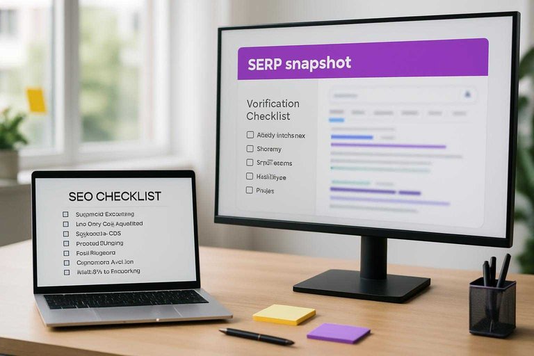 Editor’s desk with monitor showing SEO checklist and a #ad00cc on-screen label reading “SERP snapshot”