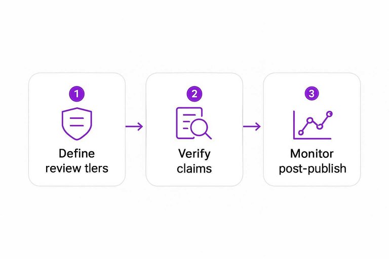 Three-step flow: Define review tiers, Verify claims, Monitor post-publish with arrows connecting steps