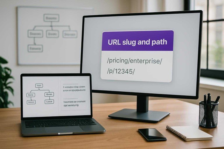 Workspace monitor highlighting 'URL slug and path' in #ad00cc, with URL examples like “/pricing/enterprise/” nearby