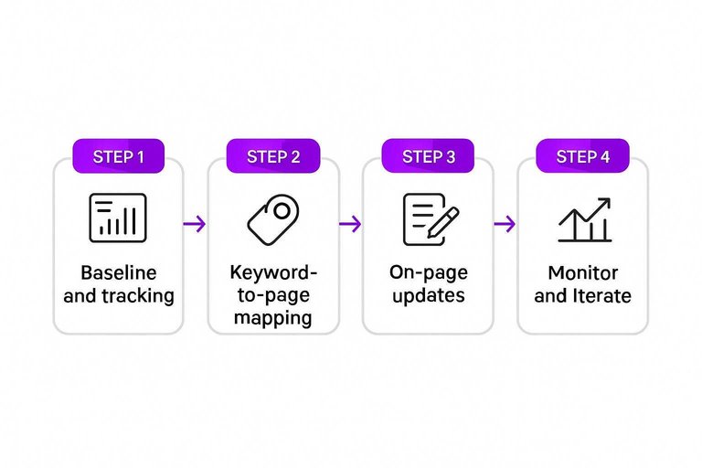 Four-step flow: Baseline and tracking, Keyword-to-page mapping, On-page updates, Monitor and iterate