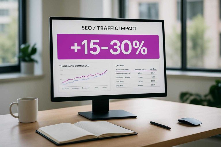 Desk workspace with SEO dashboard on monitor showing a #ad00cc banner reading “+15–30%” for organic sessions lift