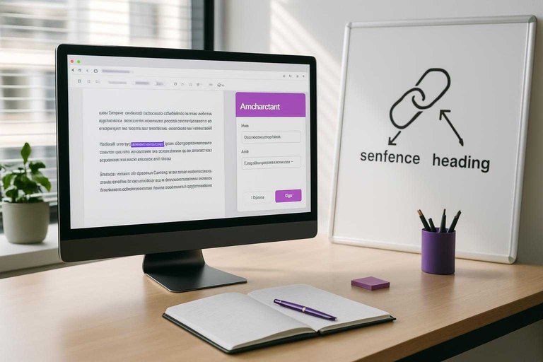 Desk workspace with SEO document on monitor; side panel title reads "Anchor text" highlighted in #ad00cc.