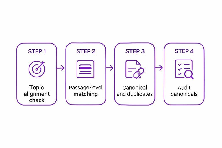 Four-step flow: Topic alignment check, Passage-level matching, Canonical and duplicates, Audit canonicals with arrows