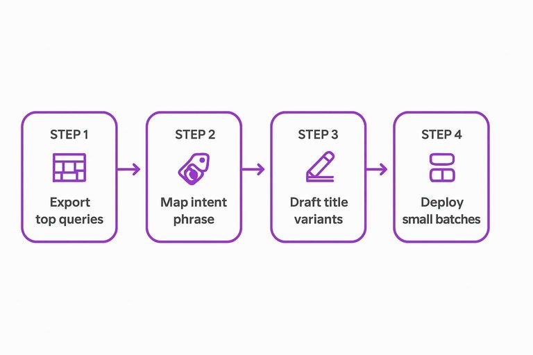 Four-step flow: Export top queries → Map intent phrase → Draft title variants → Deploy small batches