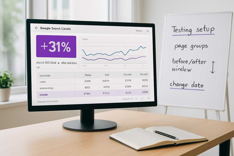 SEO workspace monitor highlights "+31%" in a before/after 28-day clicks table for tested page groups