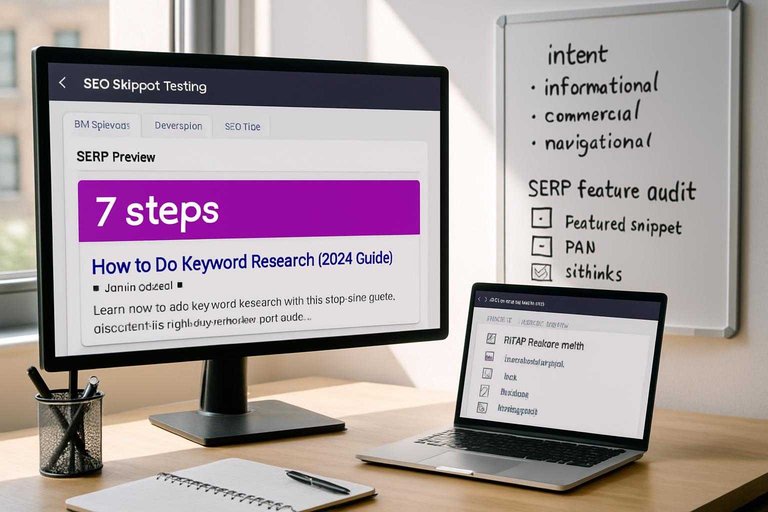 SEO workspace screen shows SERP preview highlighted with #ad00cc banner text "7 steps" and intent bucket notes