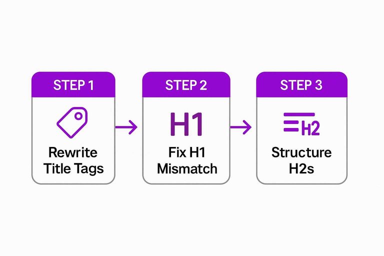 Three-step flow: Rewrite Title Tags → Fix H1 Mismatch → Structure H2s, connected with arrows