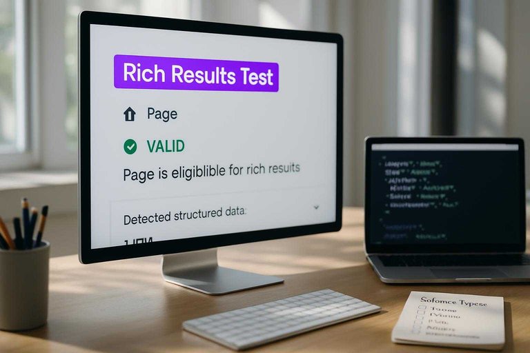 SEO workspace monitor showing "Rich Results Test" highlighted in #ad00cc beside structured data validation details