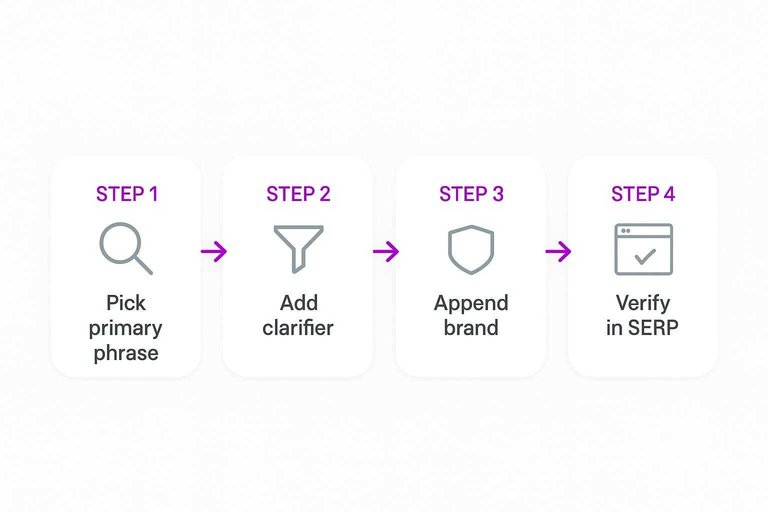 Four-step flow: Pick primary phrase, Add clarifier, Append brand, Verify in SERP with arrows