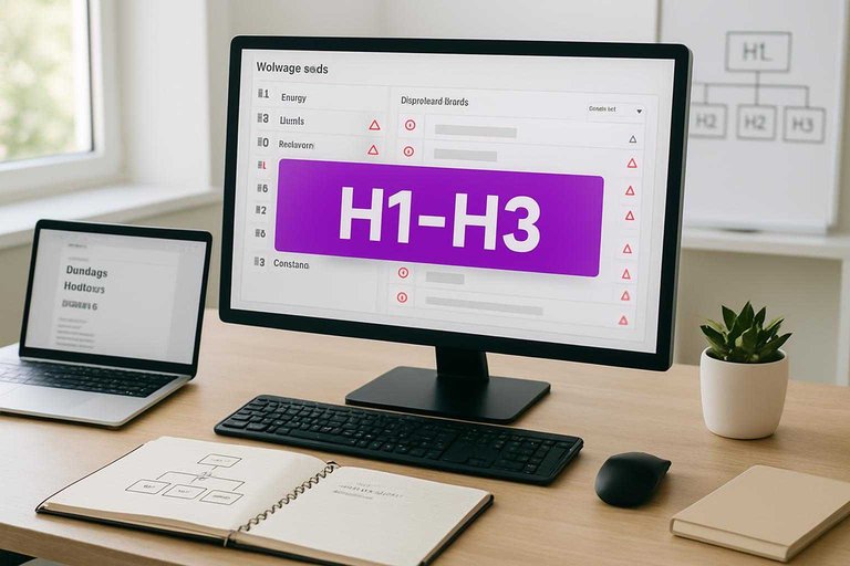 SEO audit workspace with monitor showing heading outline and a #ad00cc banner reading "H1–H3"