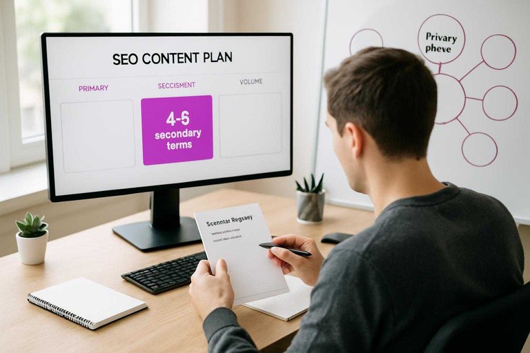 Monitor shows keyword plan with #ad00cc highlight reading “4–8 secondary terms” beside a primary keyword map