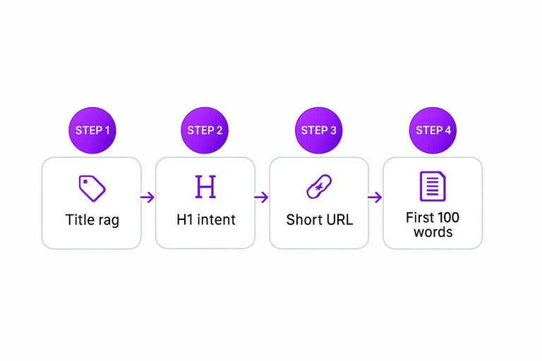 Four-step on-page check: Title tag, H1 intent, Short URL, First 100 words connected with arrows