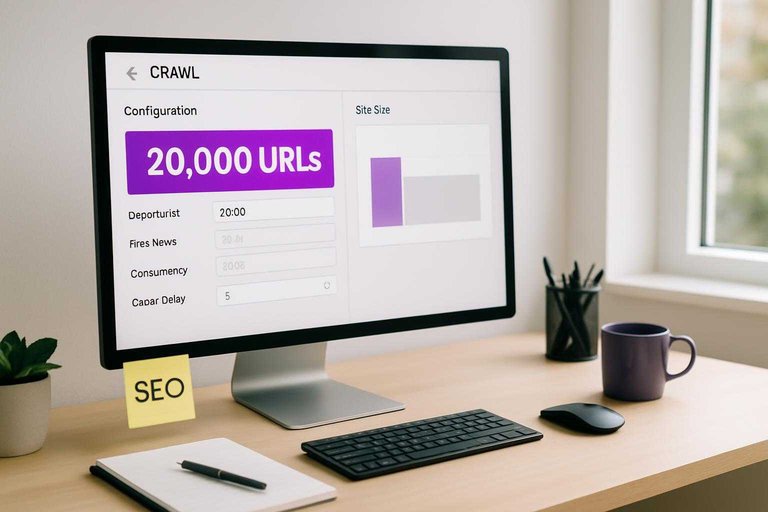 SEO crawl settings dashboard highlighting "20,000 URLs" in #ad00cc, showing scope controls like depth and rules