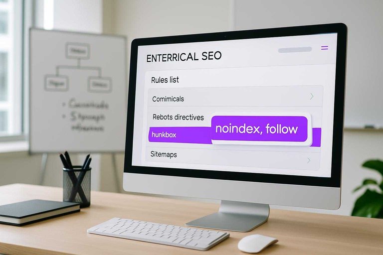 Monitor in SEO workspace shows rules dashboard with #ad00cc label reading “noindex, follow” for index control.