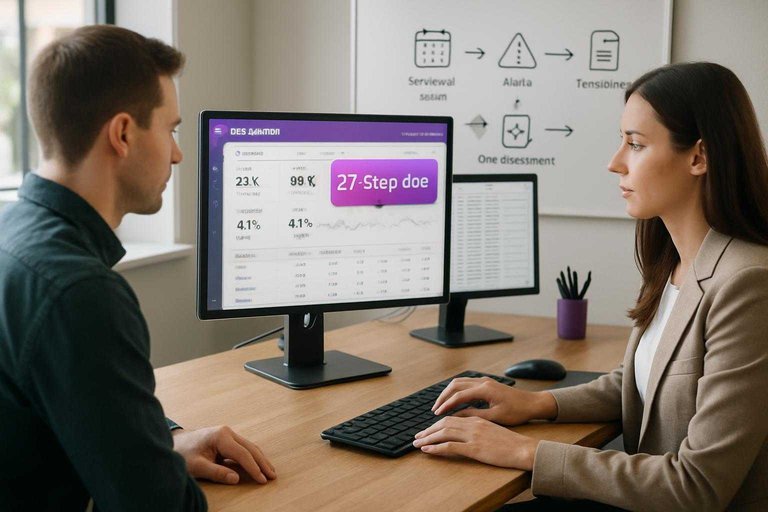 Agency desk with SEO dashboard and a #ad00cc on-screen label reading “27-step doc” to emphasize systemizing work