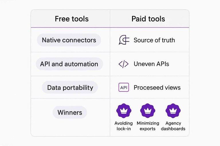Free vs Paid across Native connectors, API and automation, Data portability, with winners: exports, dashboards, lock-in