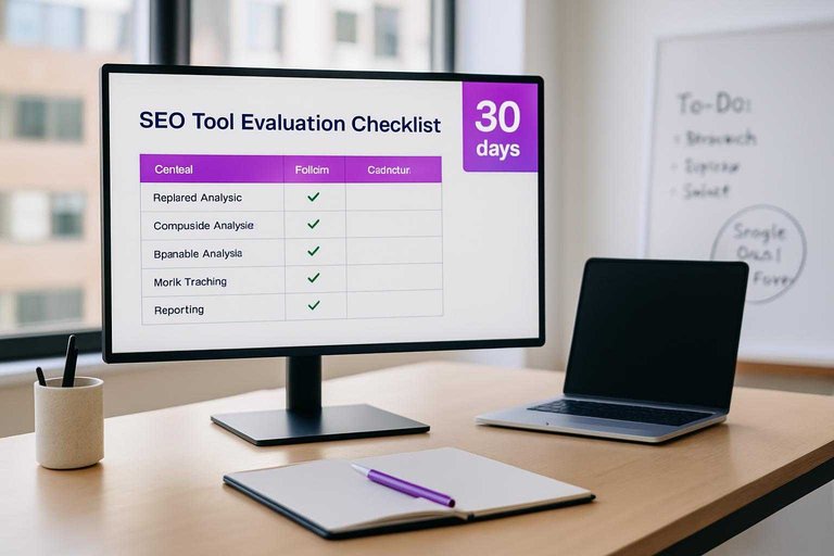 Minimal SEO workflow dashboard on a monitor with a purple banner reading "30 days" to emphasize dropping unused tools