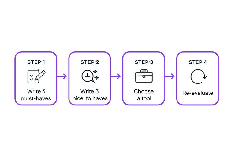 Four-step flow: Write 3 must-haves, Write 3 nice-to-haves, Choose a tool, Re-evaluate with arrows