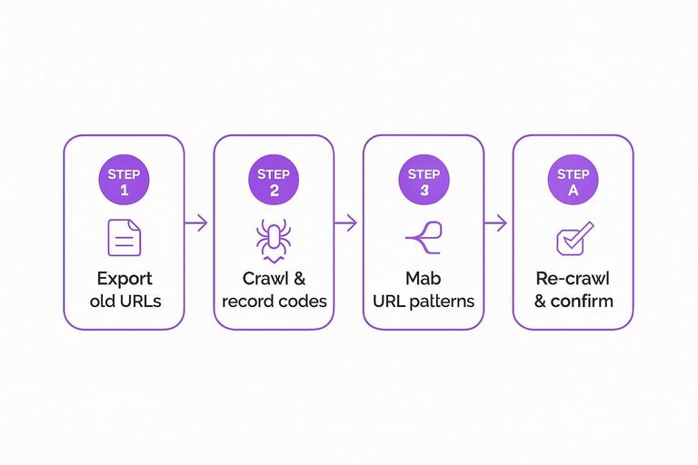 Four-step flow: Export old URLs, Crawl & record codes, Map URL patterns, Re-crawl & confirm