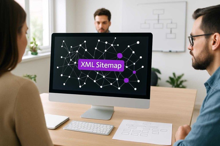 SEO workspace monitor shows crawl graph with a #ad00cc label reading “XML sitemap” to diagnose internal link breakage