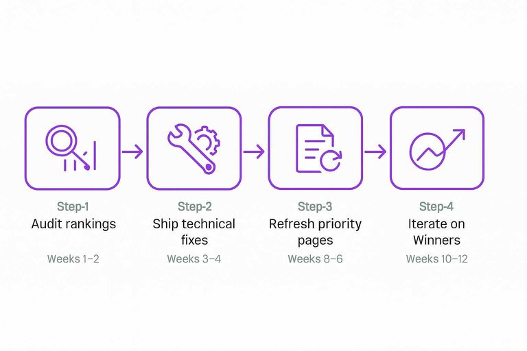 Four-step timeline: Audit rankings, Ship technical fixes, Refresh priority pages, Iterate on winners with arrows