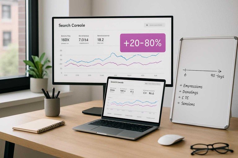 SEO workspace with monitor showing impressions dashboard and a #ad00cc callout reading “+20–80%”