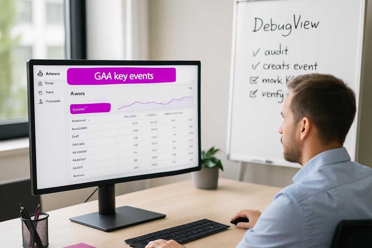 Analyst workspace with monitor showing GA4 events dashboard and a #ad00cc label reading “GA4 key events”