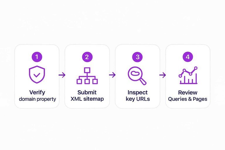 Four-step workflow: Verify domain property, Submit XML sitemap, Inspect key URLs, Review Queries & Pages