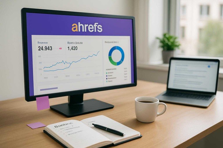 SEO workspace with monitor showing backlink dashboard and a #ad00cc banner reading “Ahrefs” for link research.