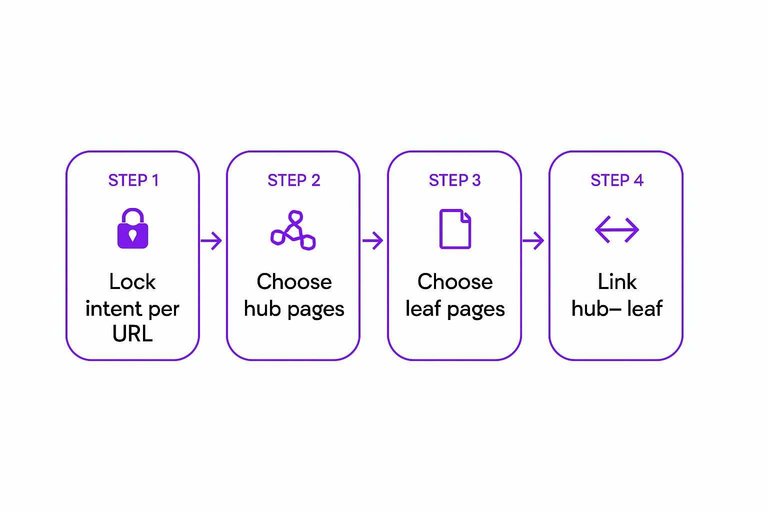 Four-step internal linking flow: Lock intent per URL, Choose hub pages, Choose leaf pages, Link hub↔leaf