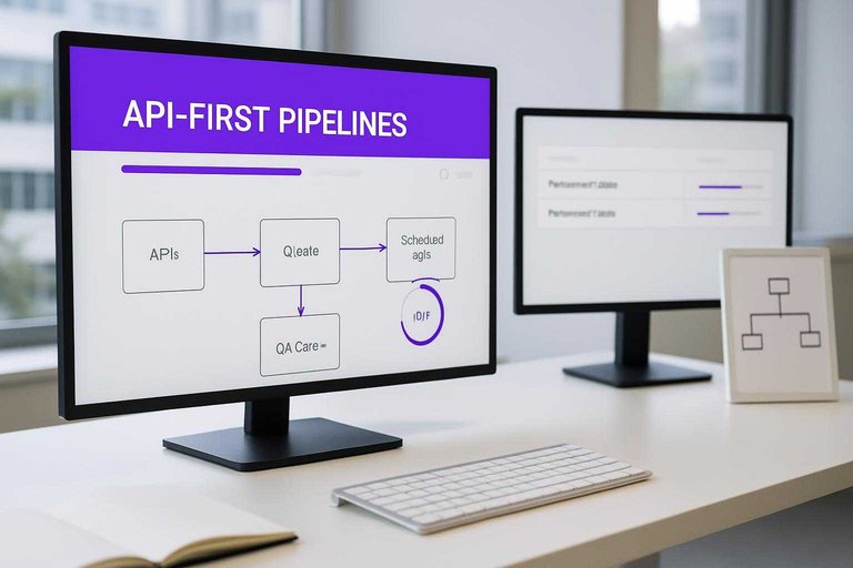 Monitor in SEO ops workspace shows workflow dashboard with #ad00cc banner reading “API-FIRST PIPELINES”