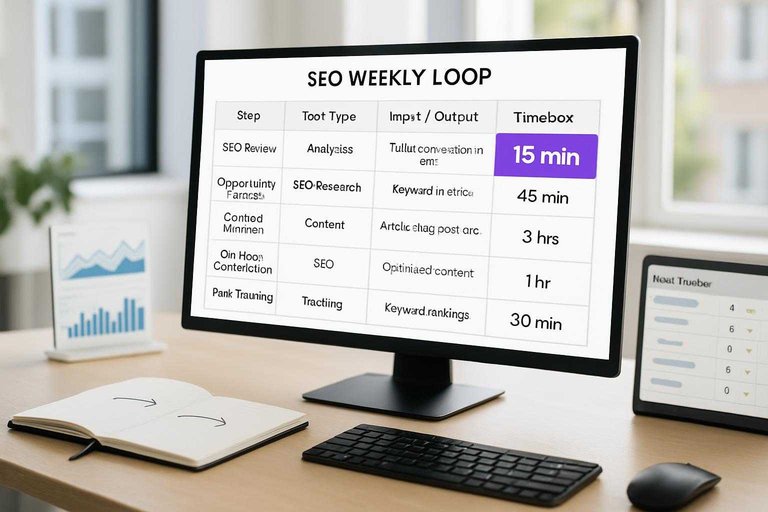 Desk workspace with SEO workflow table on monitor, highlighting the timebox label “15 min” in #ad00cc.