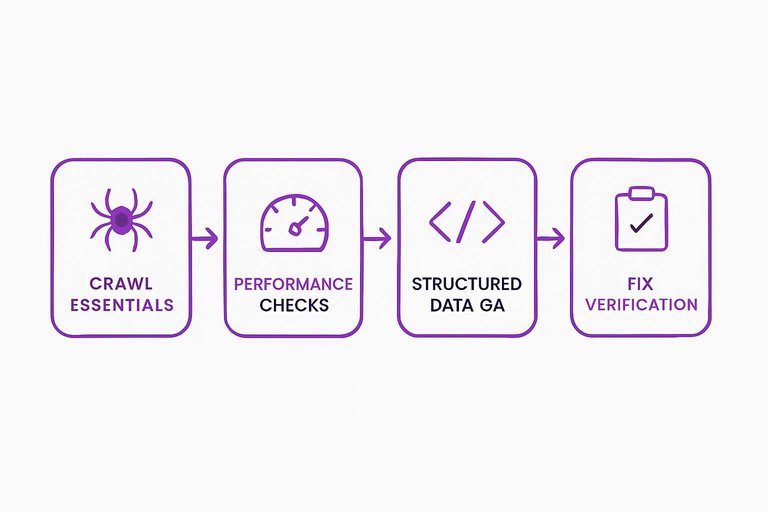 Four-step QA loop: Crawl Essentials, Performance Checks, Structured Data QA, Fix Verification connected by arrows